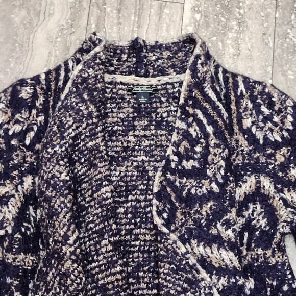 🇬🇪🔹️Lucky Blue Intarsia Chunky Knit Open Cascading Cardigan Sweater Large - Picture 6 of 12